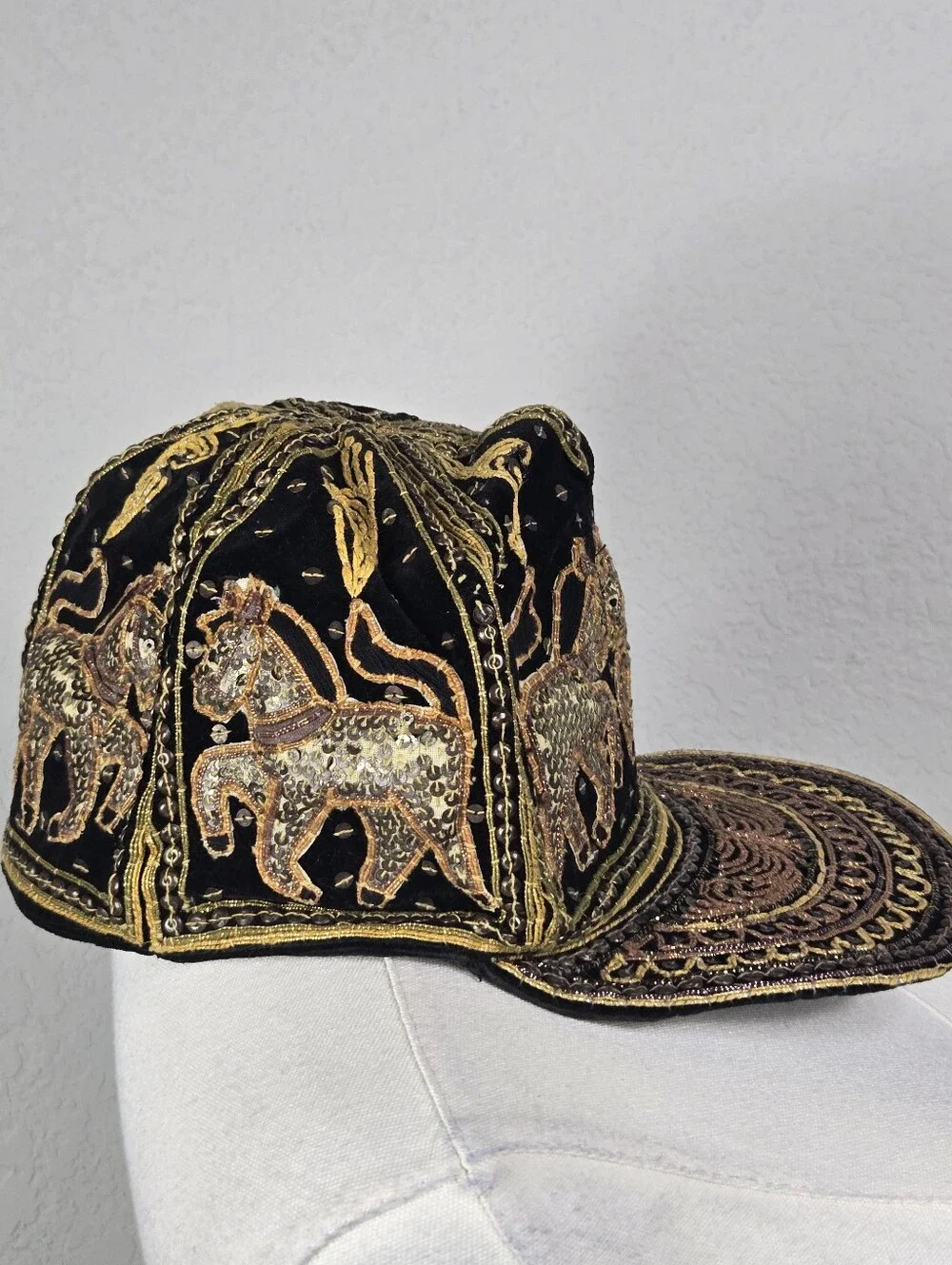 Vintage 80s Thai Velvet Embroidered Sequin Horse Equestrian Artisan Baseball Cap